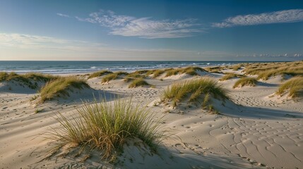 Golden Hour on Coastal Sand Dunes: Serene Seascape, Nature's Beauty, Sunset Beach, Tranquil Landscape, Scenic Horizon