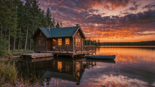Serene Lakeside Sunset Cabin: Tranquil Reflections, Nature's Beauty, Peaceful Retreat, Vibrant Sky, Scenic Wilderness