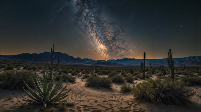Starry Night in Desert Landscape: Milky Way, Cacti, Night Sky, Scenic Horizon, Stargazing, Arid Wilderness