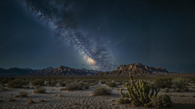 Starry Night in Desert Landscape: Milky Way, Cacti, Night Sky, Scenic Horizon, Stargazing, Arid Wilderness