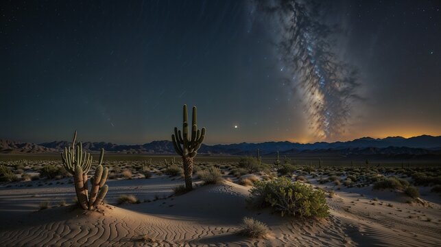 Starry Night in Desert Landscape: Milky Way, Cacti, Night Sky, Scenic Horizon, Stargazing, Arid Wilderness