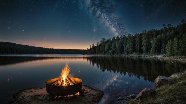 Campfire by the Lake under the Milky Way: Night Sky, Starry Night, Forest, Reflection, Tranquil Camping, Nature Escape, Scenic Horizon