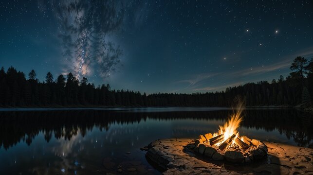 Campfire by the Lake under the Milky Way: Night Sky, Starry Night, Forest, Reflection, Tranquil Camping, Nature Escape, Scenic Horizon