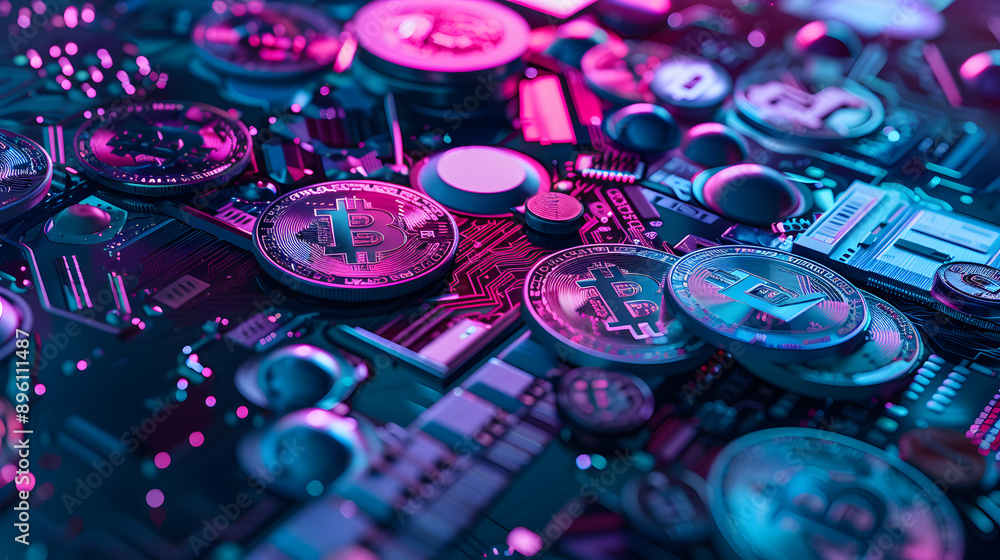Poster cryptocurrency coins on a colorful circuit board with a high-tech vibe..