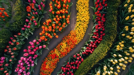 Aerial shot of a colorful tulip garden with pathways creating unique patterns among the blooms.
