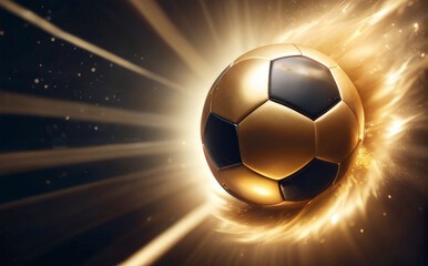 Fototapeta premium Golden soccer ball in motion on a dark background, energy fire