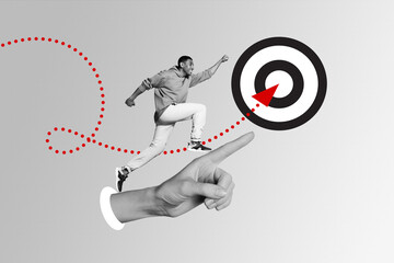 Composite collage image of finger point hit target darts board marketing running hurry man fantasy...