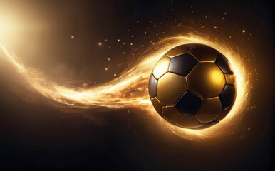 Fototapeta premium Golden soccer ball in motion on a dark background, energy fire