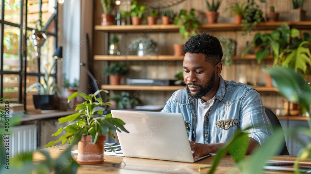 Sticker A young man sits at his desk, immersed in work on his laptop, surrounded by lush greenery. The warm natural light and calming ambiance create a perfect workspace for pro