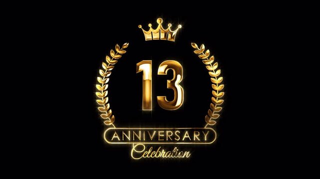 13th Anniversary Celebration. Happy 13 Years Anniversary Animation in Gold Color on the Transparent Background, Alpha Channel. Great for greetings, celebrations, events, and gifts.