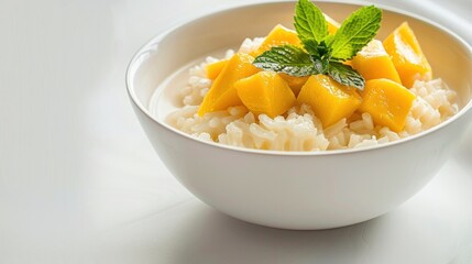 Mango sticky rice with coconut milk, served in a delicate white ceramic bowl