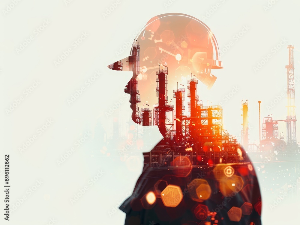 Poster industrial worker double exposure at sunrise with data visualization elements on gradient background