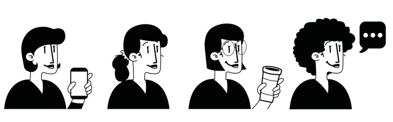 Illustration cartoon de femmes modernes en noir et blanc