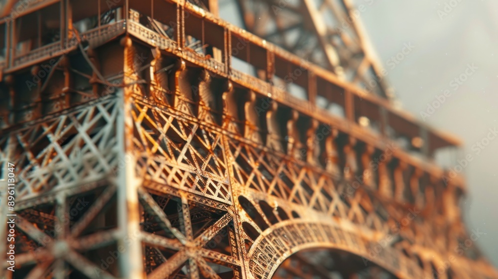 Poster the eiffel tower captured in a hyperrealistic style, every rivet and bolt meticulously detailed, as 