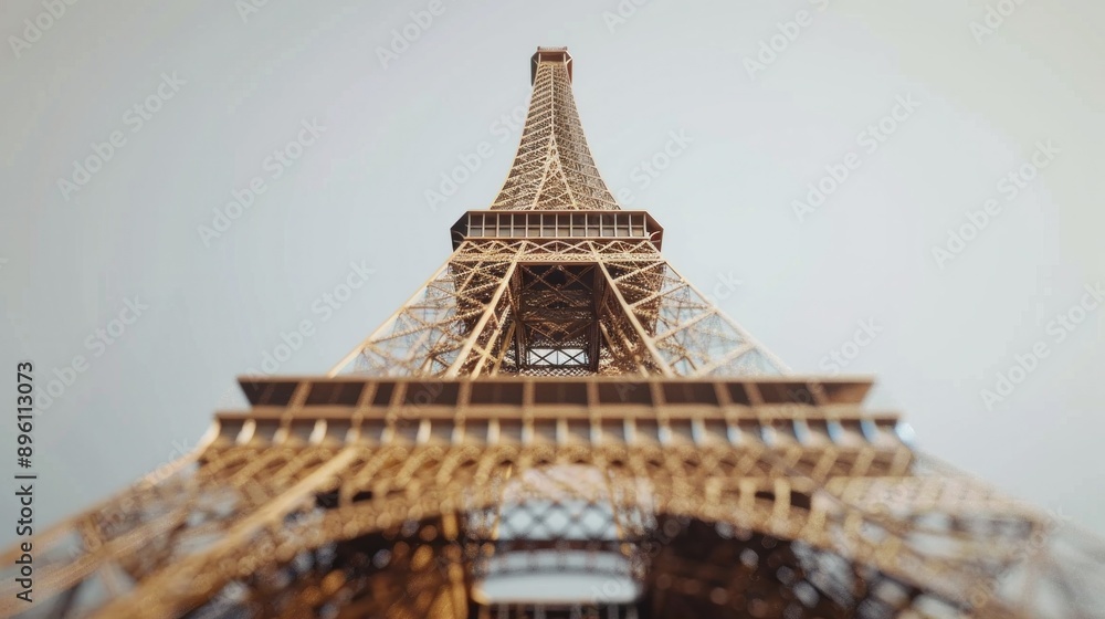 Poster the eiffel tower captured in a hyperrealistic style, every rivet and bolt meticulously detailed, as 