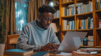 A young Black man diligently works on his laptop in a cozy home library, surrounded by books and bathed in warm evening light. 