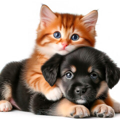 Obraz premium Cute kitty and puppy cuddling together isolated on white background