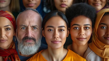 Obraz premium Diverse group portrait. Showcasing a variety of individuals representing different ages, ethnic backgrounds, and cultural identities. Ideal for promoting diversity and inclusion in corporate contexts