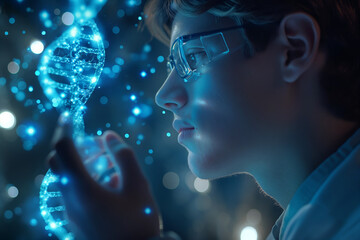 Scientist examining DNA helix in lab. A detailed closeup highlighting scientific discovery and innovation in genetics. Ideal for educational, medical, and techrelated marketing.