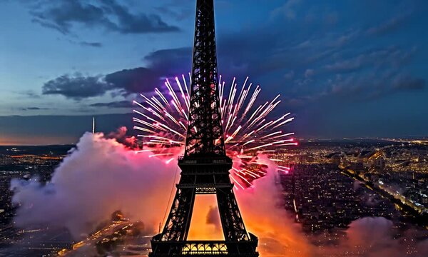 Festive Stage and Fireworks at Eiffel Tower