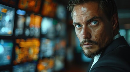 A businessman in a suit shows an intense expression while concentrating on multiple screens in a high-tech environment, signifying serious dedication to work and future planning.