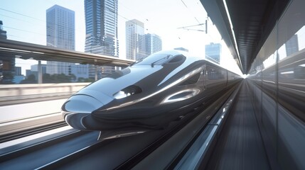 Modern japanese bullet train speeding in urban rail tunnel