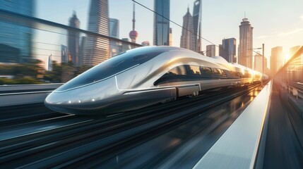 Modern high speed passenger train traveling through the megacity at sunset