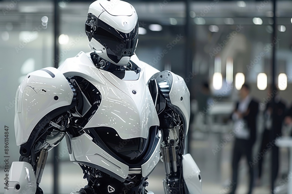 Poster a futuristic humanoid robot in a high-tech office setting. the robot has a sleek, white armor-like e