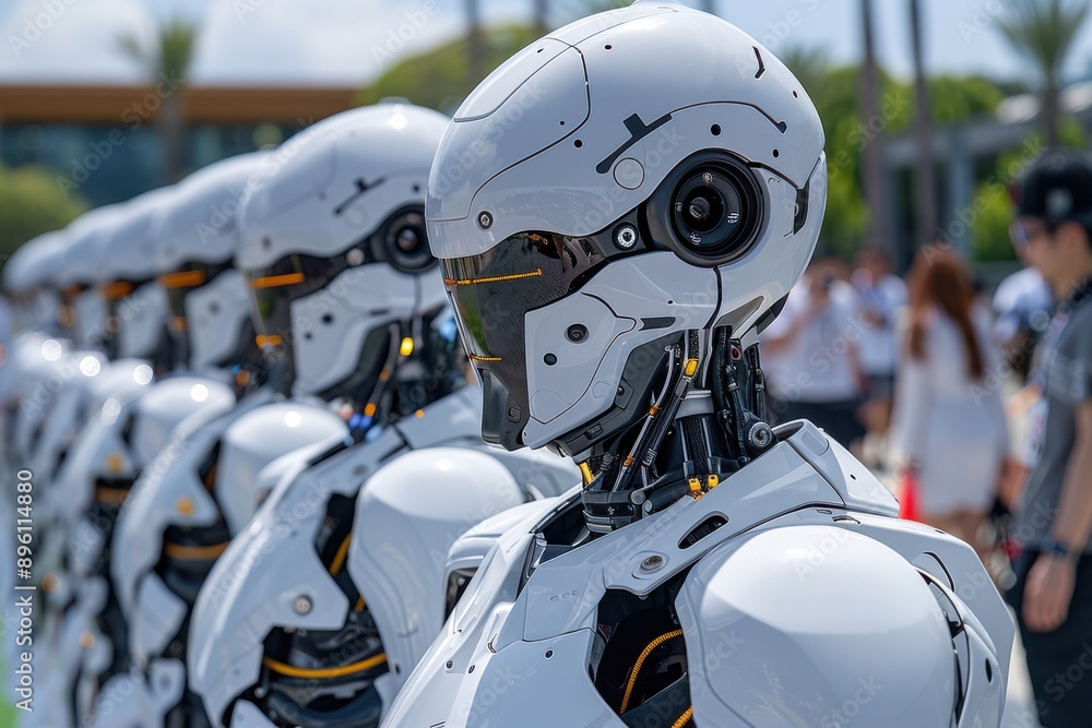 Poster a line of futuristic soldier robots in a public setting, each with a sleek, white and black design. 