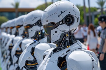 A line of futuristic soldier robots in a public setting, each with a sleek, white and black design. The robots are standing in formation, equipped with advanced technology and sleek visors.