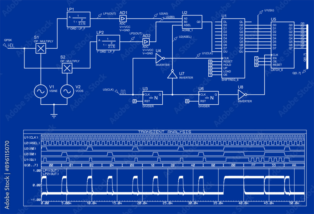Poster schematic diagram of electronic device (demodulator). vector drawing electrical circuit with integra