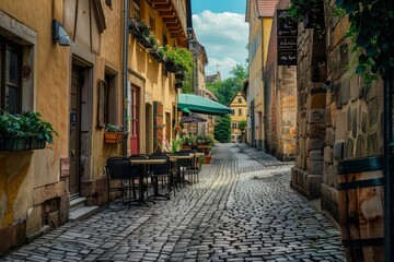 Fototapeta premium Charming Cobblestone Streets in a Historic European City with Inviting Outdoor Cafes and Ancient Buildings