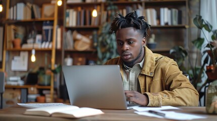 Fototapeta premium A young black man with dreadlocks sits at a desk, his gaze fixed on his laptop, surrounded by books and plants in a warm, inviting space. 