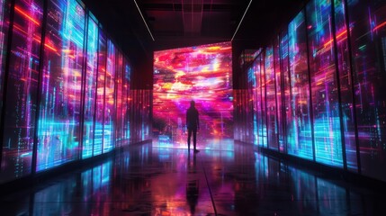 Obraz premium A man stands in a large room with many screens on the walls