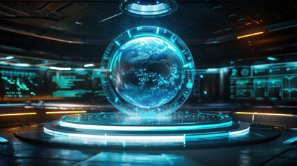 A blue sphere is floating in a room with a blue background