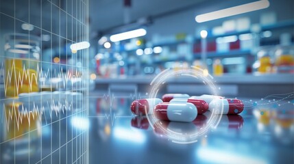 Pharmaceutical and Health Industry: Place several medical capsules in the foreground, arranged in a neat line.With infographics showing information