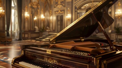 Luxurious Grand Piano with Open Lid in an Elegant, Ornate Room for Interior Design and Music Themes