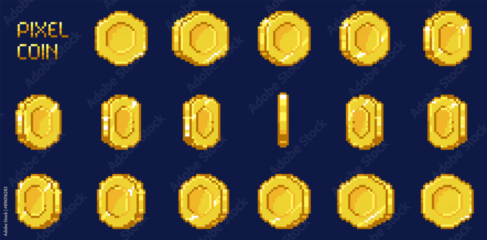 Poster pixel coin animation sprite. retro 8 bit game money golden coins and bonus objects, 2d arcade video 
