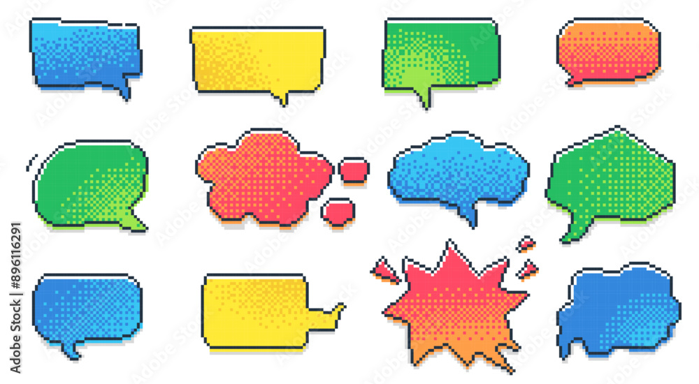 Poster retro 8-bit speech bubble. cartoon speech bubbles game comic message frames, 3d chat dialogue boxes 