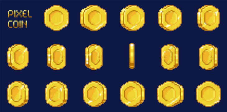 Pixel coin animation sprite. Retro 8 bit game money golden coins and bonus objects, 2d arcade video game asset. Vector golden money and pixel gold coin collection