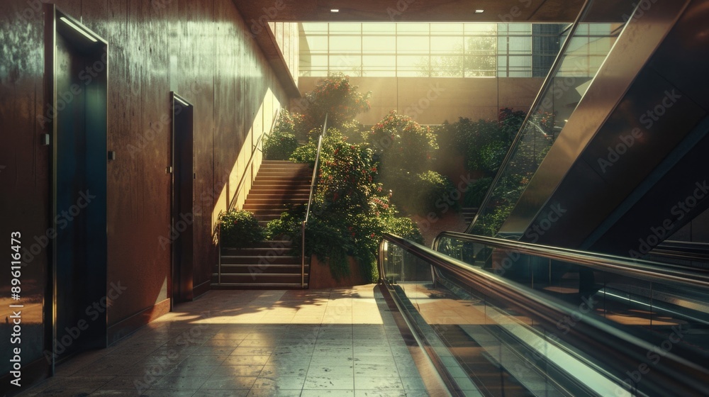 Poster an escalator and stairs in a modern building interior, ideal for use in architectural or commercial 