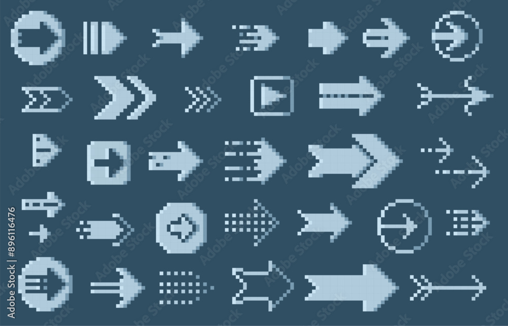 Poster pixeleted retro arrows. 8 bit navigation cursors, pixel game ui elements, retro 90s app icons. vecto