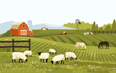 Rural spring landscape countryside with farm field with green grass, flowers, trees. Farmland with house and windmill. With farm animals horse and sheep. Outdoor village scenery. Vector background © Tartila
