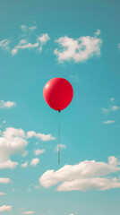 Fototapeta premium Red balloon floating in blue sky with white clouds, uplifting concept