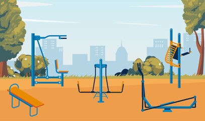 Street workout park. Urban park landscape with street workout zone. Sport playground, outdoor gym equipment. Health and fitness athletic lifestyle vector concept.