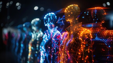 A group of people are standing in a line, each with a different color