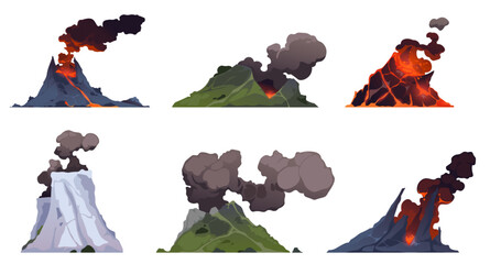 Volcanoes. Mountains eruption with fire lava explosion with smoke. Volcanic magma flow element for computer game landscape. Volcano vector isolated elements.