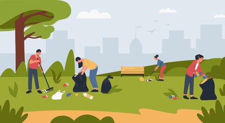 People cleaning up city park. Boys and girls collecting plastic garbage together use rake. Team of active kids pickup rubbish into bags. Protection environment vector concept. © Tartila