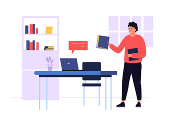 Online course education. Young man studying online. Guy studying with a teacher in internet. Concept of distance education, training and video courses. Vector concept.