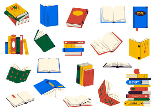 Books stacks for reading, pile of textbooks for education. Literature, dictionaries and encyclopedias, planners with bookmarks. Color vector illustration isolated education and literature concept.